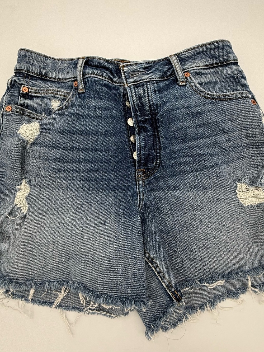 High-Rise Distressed Denim Shorts - Blue